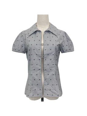 Chanel 24P Bijou CC Logo Button Stripe Blouse Navy White Spring Summer 38